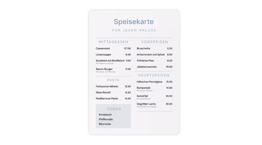 Restaurant Speisekarte Webdesign Integration